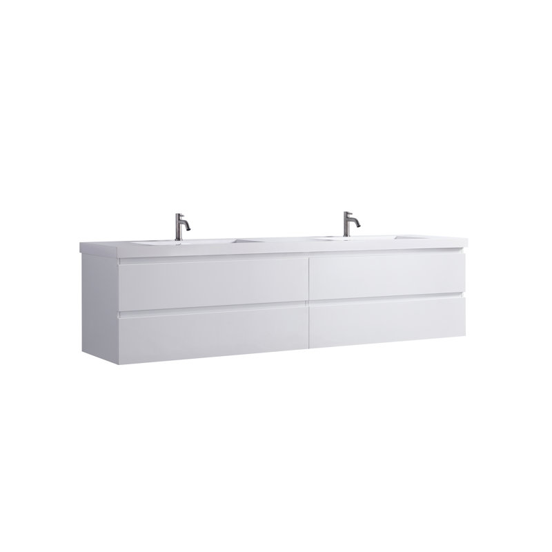 84" White Plywood Floating Double Sink Vanity with Resin Top