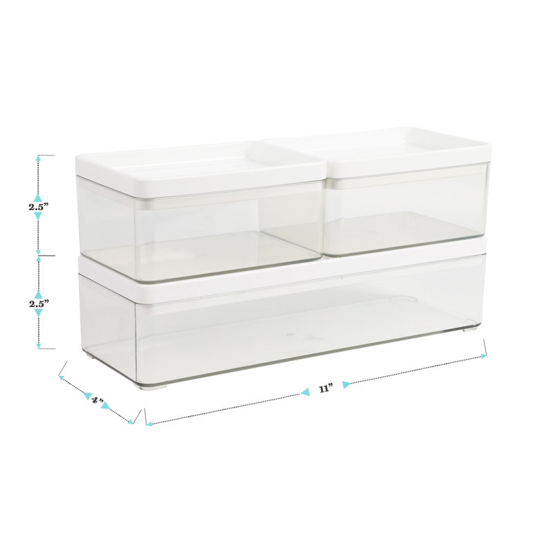 Clear Stackable Plastic Storage Boxes with White Lids, Set of 3