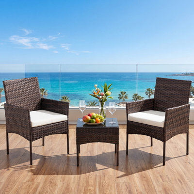 3 Piece Outdoor Wicker Conversation Set, Rattan Patio Bistro Set with Cushions & Glass Table