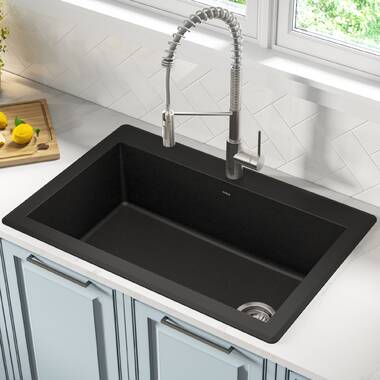 Kraus KGU-413B-100-75MB Black Onyx Quarza 30-1/2 Undermount Single Basin  Granite Kitchen Sink with Basket Strainer and Garbage Disposal 