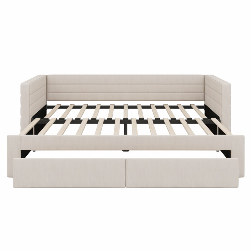 Upholstered Daybed Frame With Trundle And Storage Drawers, Beige