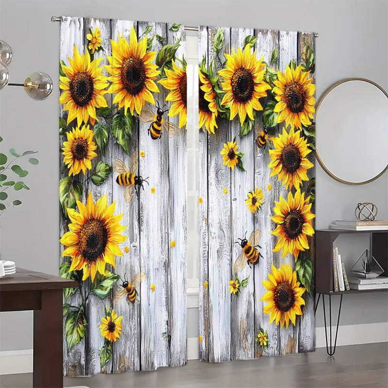 2Pcs Farmhouse Sunflower Bees Window Curtains Rustic Whitewashed Wood Thermal Insulated Room Darkening Panels Country Style Decorative Rod Pocket Curtain for Kitchen Living Bedroom