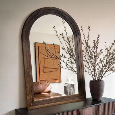 Miroir de salle de bain arqué 45 po x 30 po - Cadre en bois massif brun à plusieurs couches, style ferme vintage, pour entrée, chambre et salon