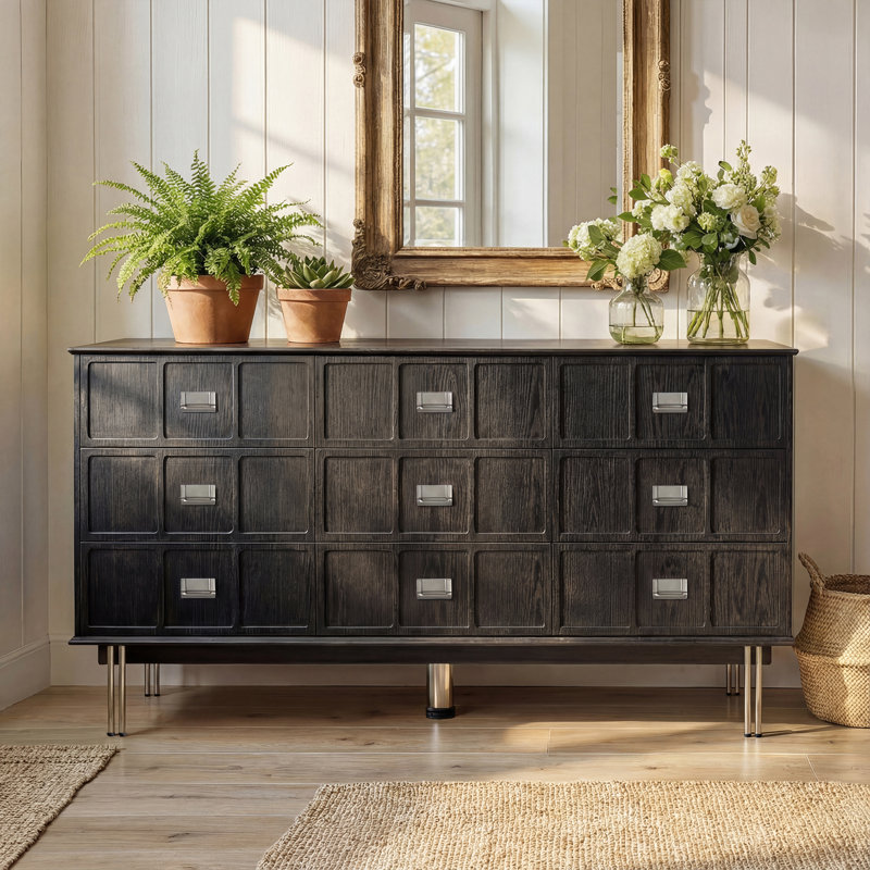 63" Wide 9 Drawer Chest Dresser With Silver Handles
