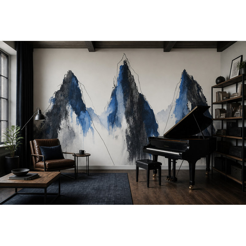 Abstract Mountain Wall Mural Indigo Blue Ink Wash Modern Landscape Wall Art, 200"x120", Peel and Stick