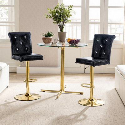 3pc Round Glass Bar Table With Adjustable Swivel Stools, Durable Pub Set For Home Kitchen