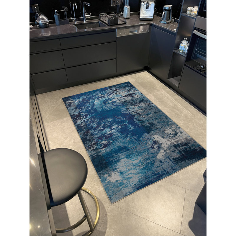 Tapis décoratif moderne à motif abstrait bleu, Rectangle 2 pi 8 po x 5 pi