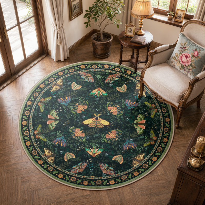 Animal & Insect Floral Round Rugs – Machine Washable with Non-Slip Backing Area Rug for Living Room, Dining Room, Bedroom