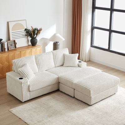 Canapé de 84 pouces en velours côtelé 3 places avec 3 coussins de dossier, 2 coussins décoratifs, 2 repose-pieds, 2 tabourets de rangement et porte-gobelets Comfy Sofa - Coussin de siège profond pour le salon