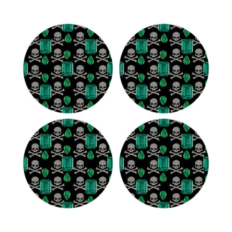Gem Emeralds Skull Vegan Leather Round Coasters, Black