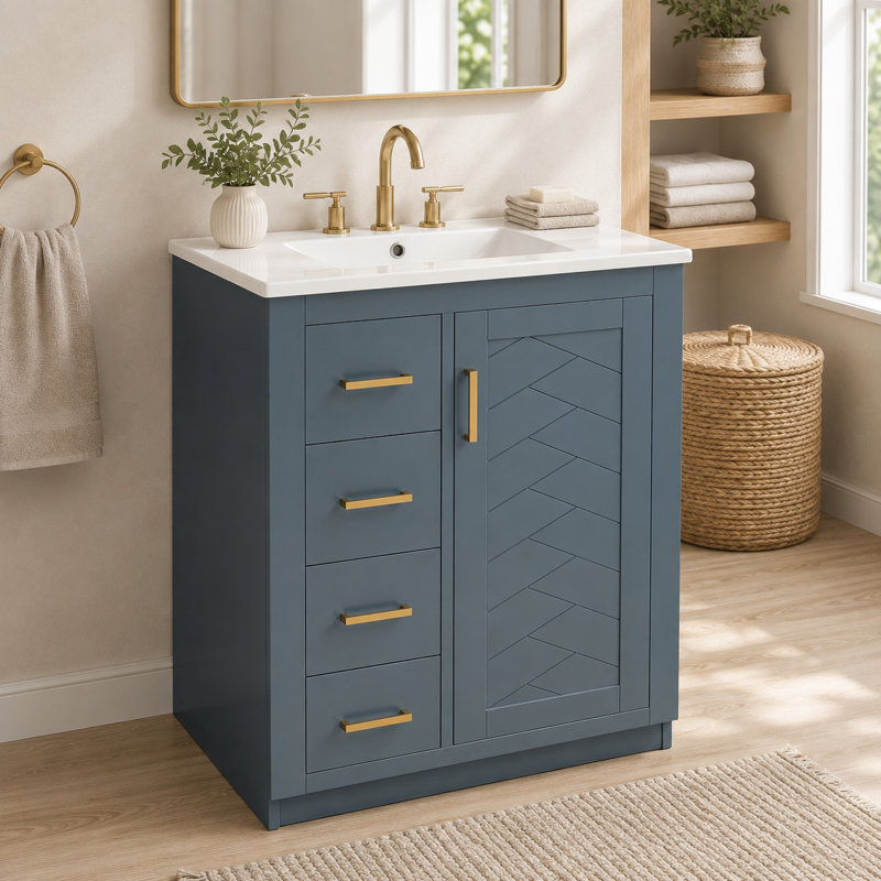 Meuble-lavabo bleu intégré en céramique de 24 pouces avec une porte à trois tiroirs et un meuble-lavabo spécialement conçu pour les petites salles de bain.