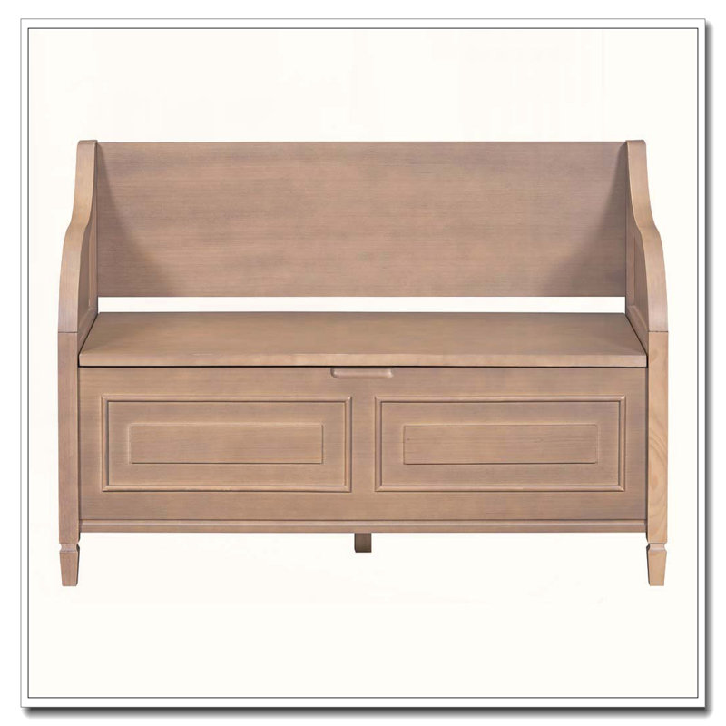 Banc de rangement en bois massif rustique avec charnière de sécurité et coussin amovible, Brun