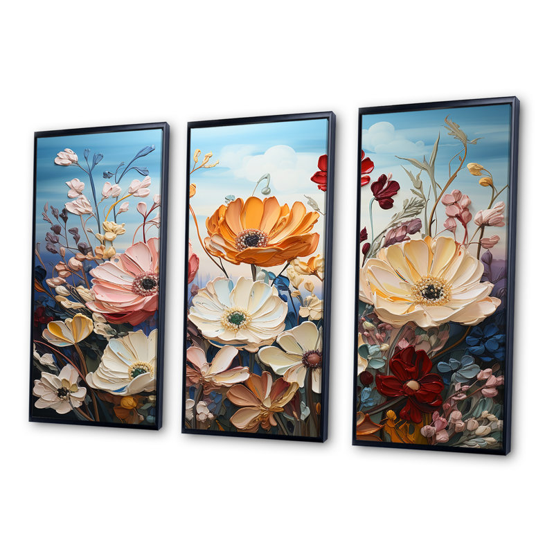«Pink Plants», art liquide, champ de fleurs - ensemble d'art mural sur toile Flower Field, Cadre flottant noir