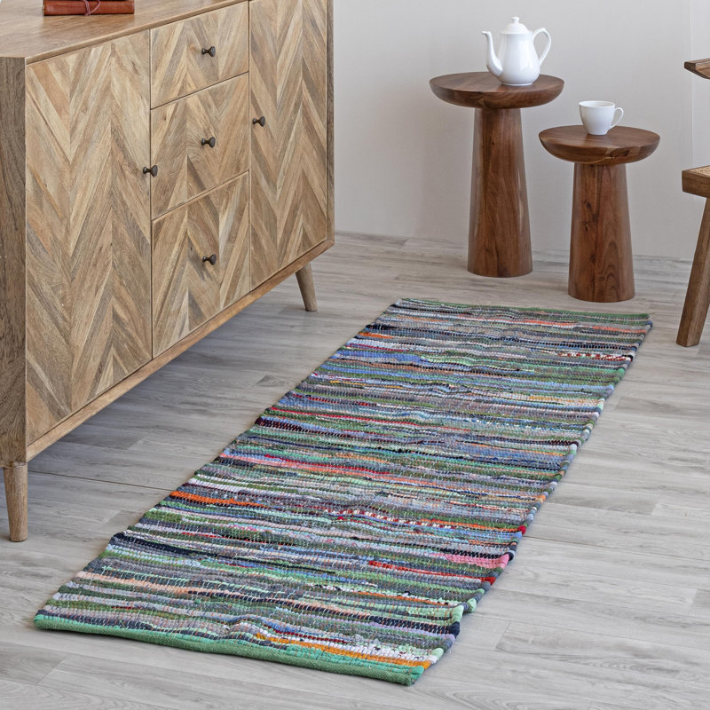 Denim Chindi Rag Doormat | 20" x 32" | Blue, Green, Runner 24 " x 96 "