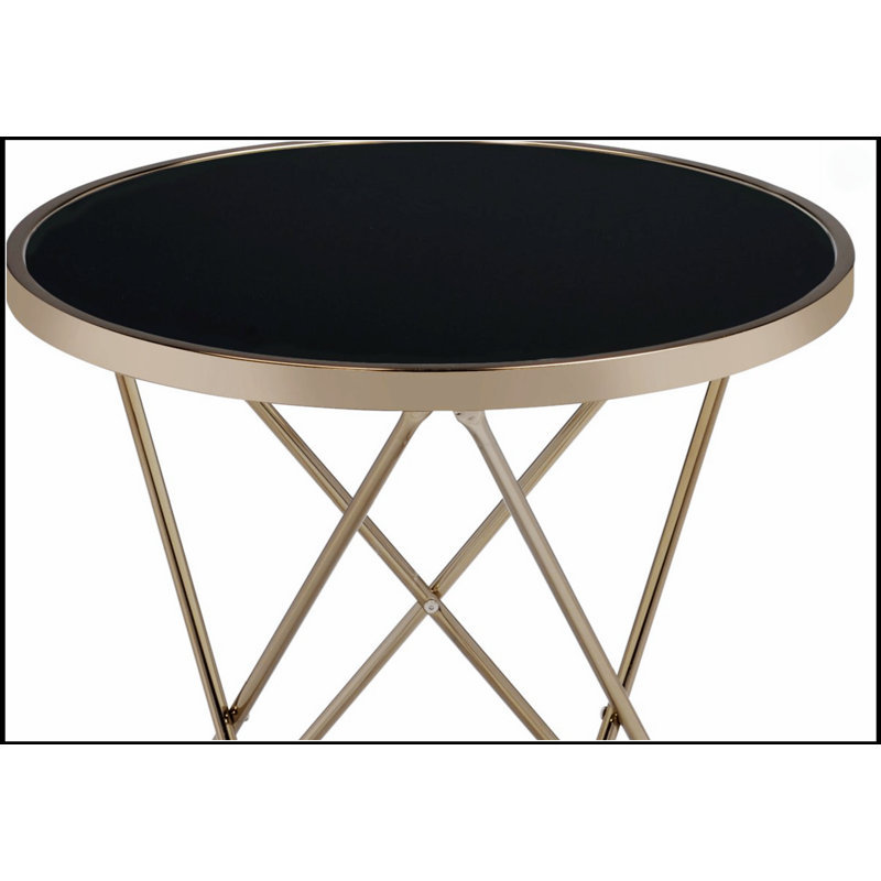 Table de bout Mid-Century moderne avec plateau en verre noir et cadre champagne