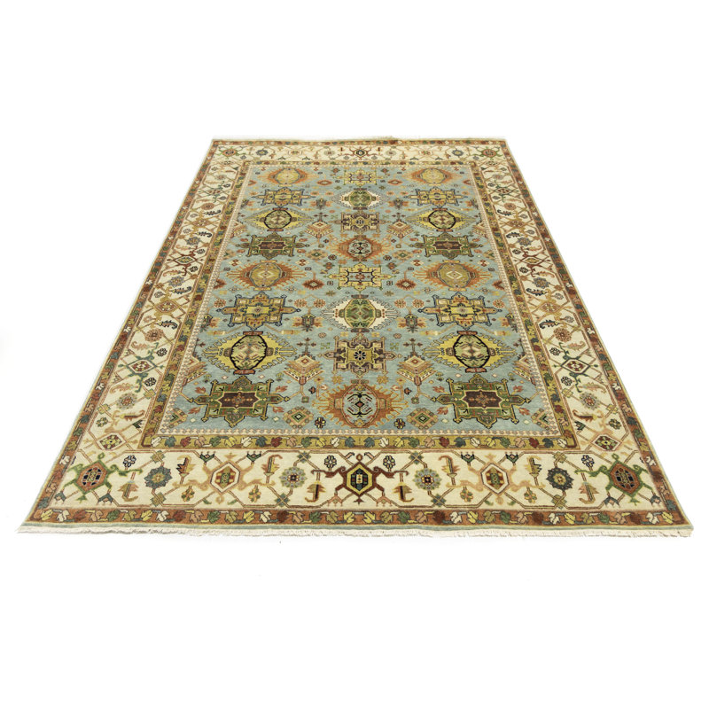 Tapis oriental bleu clair à motif géométrique 9 x 12 Chobi | Taille exacte: 8 pi 10 po x 11 pi 10 po, Rectangle 9 pi x 12 pi