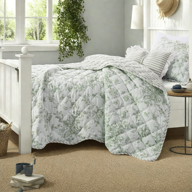 Modern Green Bedding Sets, 3 Piece Microfiber Floral Quilt for Home