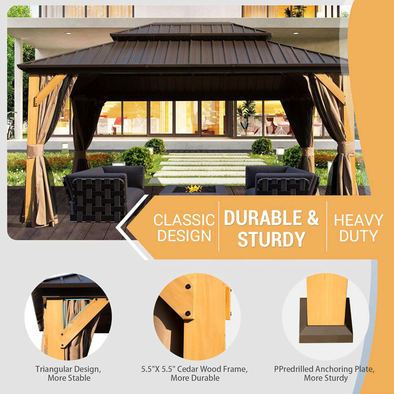 12X16ft Cedar Wood Gazebo, Solid Wood Hardtop Gazebo With Galvanized Steel Double Roof, Netting & Curtains, Outdoor Gazebo For Patio, Backyard, Deck, Lawns