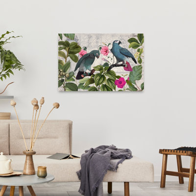 Blue Parrots Tropical Map Retro Vintage Abstract Bird Flower Tropical Wall Art Print 1 Piece Wrapped Canvas Wall Art