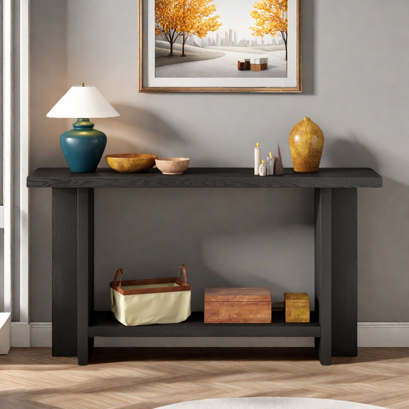 Vintage Console Table With T-leg Design And 2-tier Structure, Black
