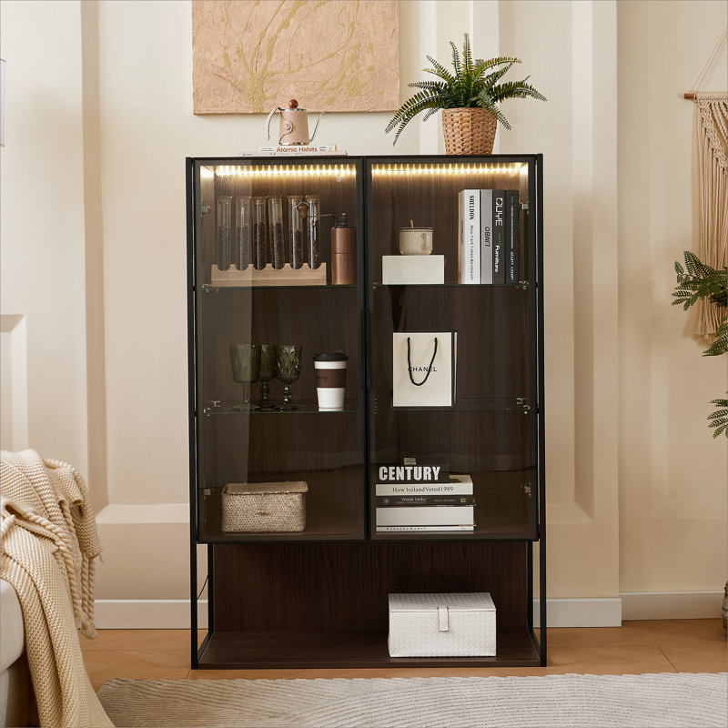 Vitrine lumineuse de 51,2 po de hauteur avec porte en verre trempé, vitrine à cadre en métal DEL, style minimaliste moderne, pour le salon, le bureau et le bureau
