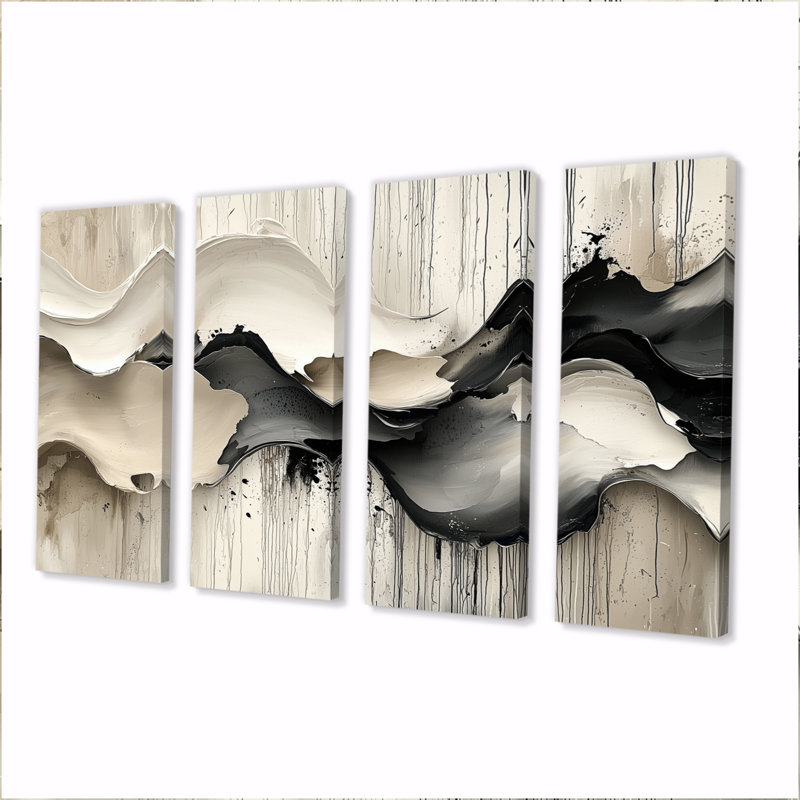 Gris sur blanc bruine rythmique, rivière à encre II - art mural vagues - décoration murale moderne, H 32 po x l 64 po, 4