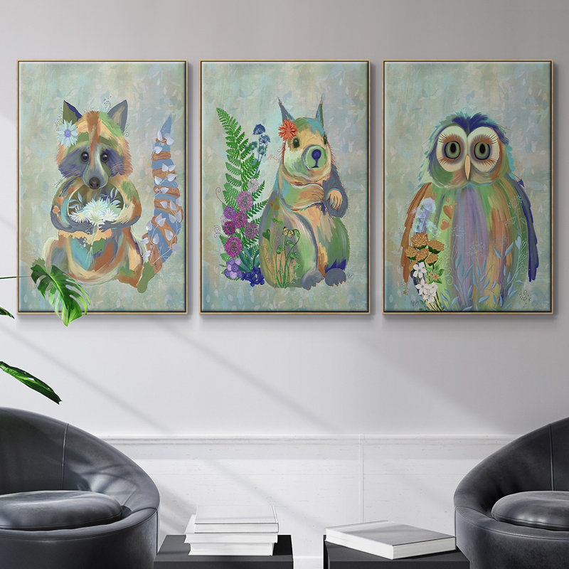 Fantastic Florals Owl 3 pièces, H 40 po x l 90 po x P 2 po, Cadre en bois naturel