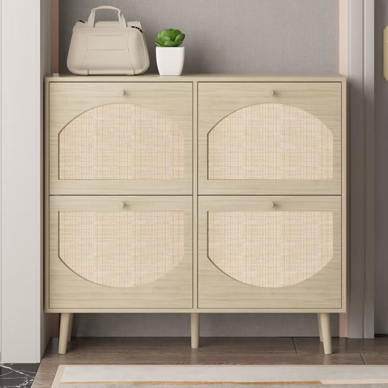 Bostynn 4 Flip Drawers Rattan Shoe Cabinet Shoe Storage Organizer Unit, Natural/Gold