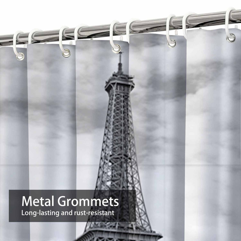 Rideau de douche gris avec 12 crochets Tour Eiffel Paris, L 72 po x l 78 po