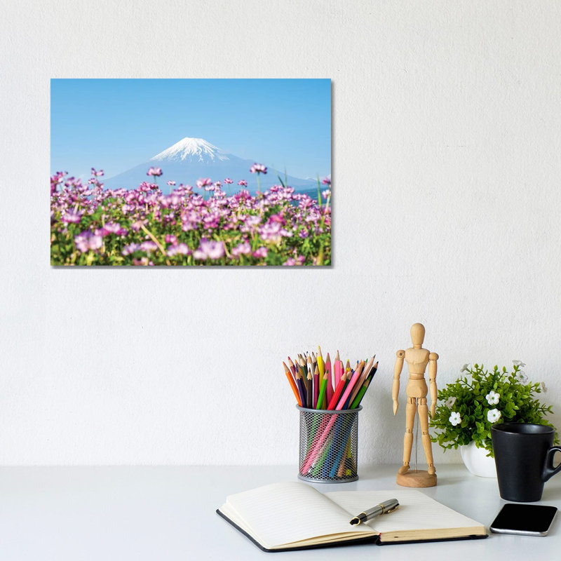 Mount Fuji In Spring With Purple Cosmos Flowers, Shizuoka Prefecture, Honshu, Japan by Jan Becke - Wrapped Canvas Print
