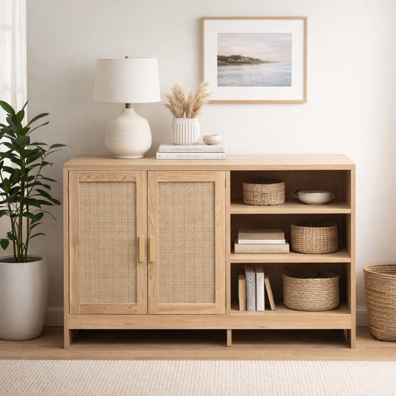 51" Solid Wood Rattan Double-door Buffet Cabinet, Sideboard With Adjustable Shelves, Display Storage Cabinet For Dining/living/entryway