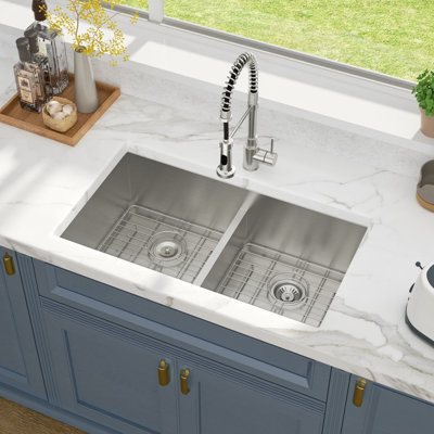 36" L Undermount Kitchen Sink Lower Divider Double Bowl 16 Gauge Stainless Steel Kitchen Sink