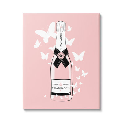 " Pastel Fluttering Butterflies Chic Pink Champagne Bottle " by Martina Pavlova