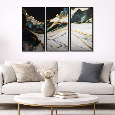 «Abstract Geode Gold and Green Marble III», reproduction sur toile 3 pièces