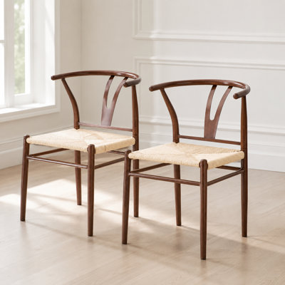 Mid Century Modern Y Back Dining Chairs Faux Wood Metal Frame and Paper Cord Seat