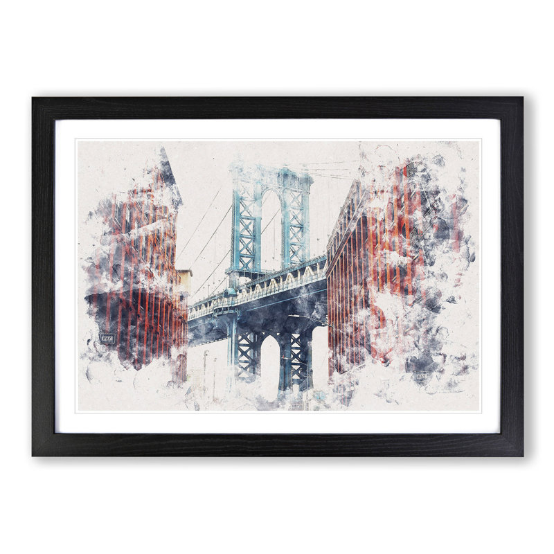 George Washington Bridge - Picture Frame Painting Print, Black Framed, 45cm H x 63cm W x 2cm D