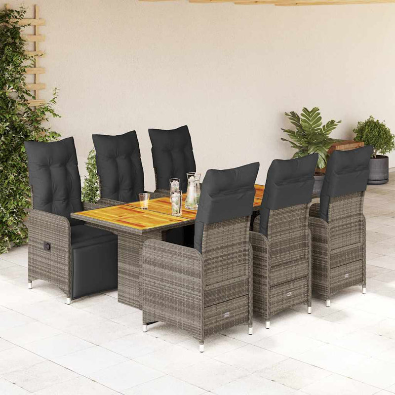 Ensemble bistro en rotin de polyester gris, acier, grand bois d'acacia, 6