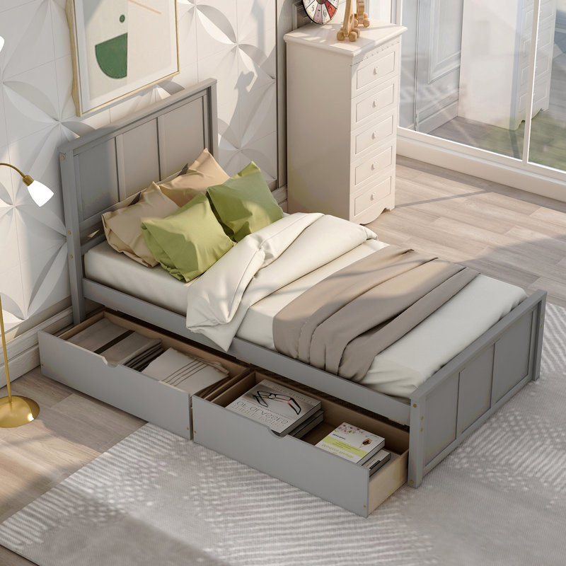 Lit plateforme avec rangement, 2 tiroirs avec roulettes, structure simple, Gris