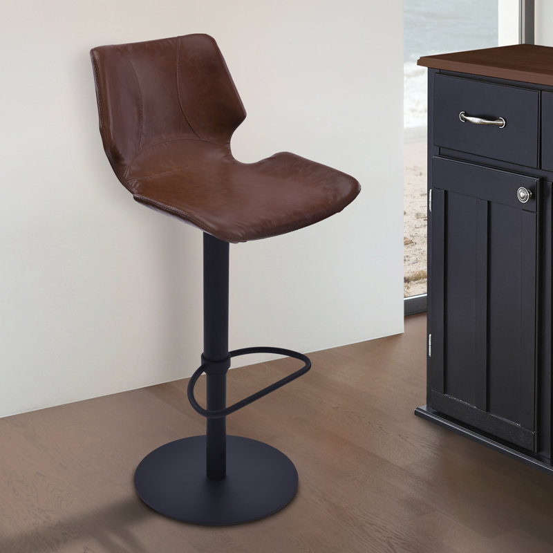 Kadejiah Swivel Adjustable Height Barstool with Footrest in Faux Leather, and Metal, Black, Coffee