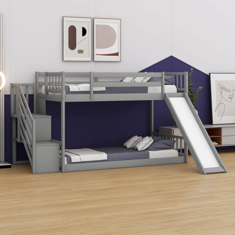 Solid Wood Twin Over Twin Low Bunk Bed With Slide And Storage Staircase, Gray