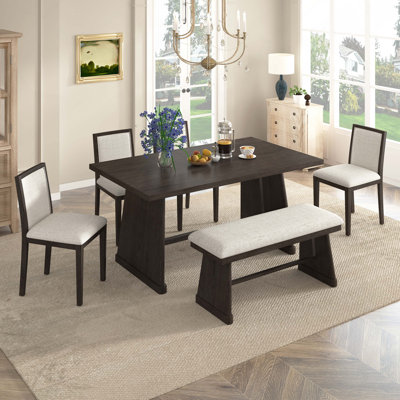 Ensemble de table de salle à manger de style rustique 6 pièces avec motif brossé, table de salle à manger rectangulaire avec pieds trapézoïdaux, 4 chaises rembourrées en lin et 1 banc rembourré pour la salle à manger et la cuisine