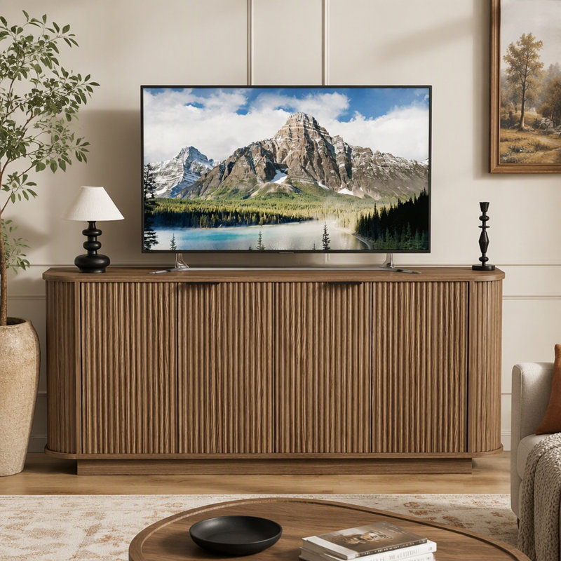 Buffet de rangement ondulé de 63 po à deux portes avec tablettes réglables, idéal pour la cuisine, le salon et le couloir - rangement polyvalent (brun)