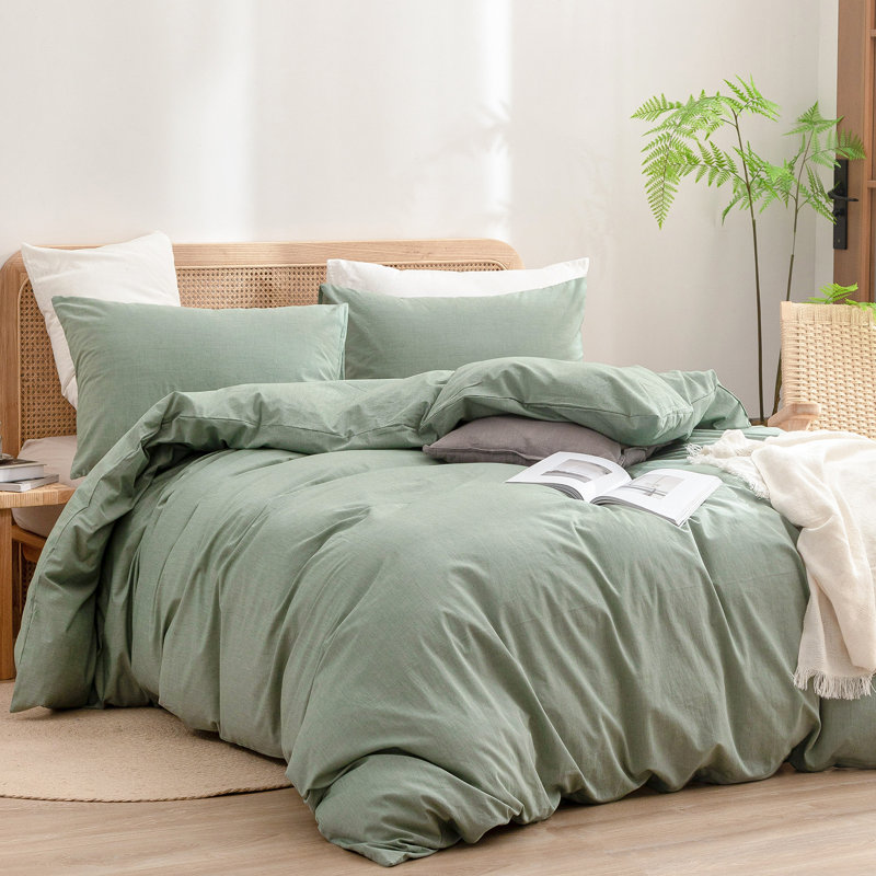 BESTOUCH Duvet Cover Set 100% Washed Cotton Linen Feel Lightweight, Green, Super King Duvet Cover + 2 King Pillowcases