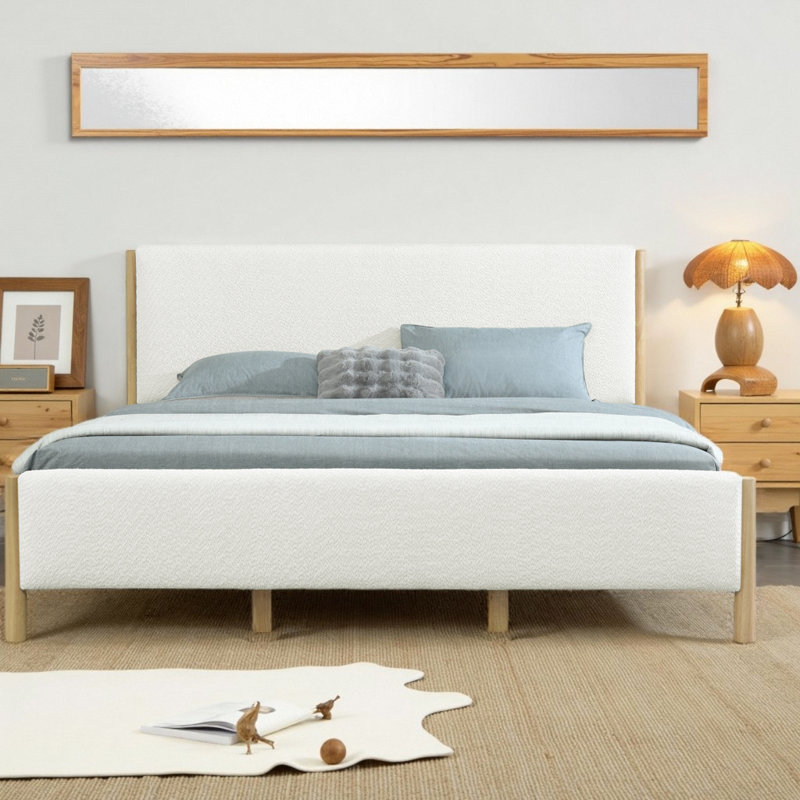 Modern White Boucle Upholstered Platform Bed Frame with Rubberwood Legs, Queen & King Size, No Box Spring Needed, King