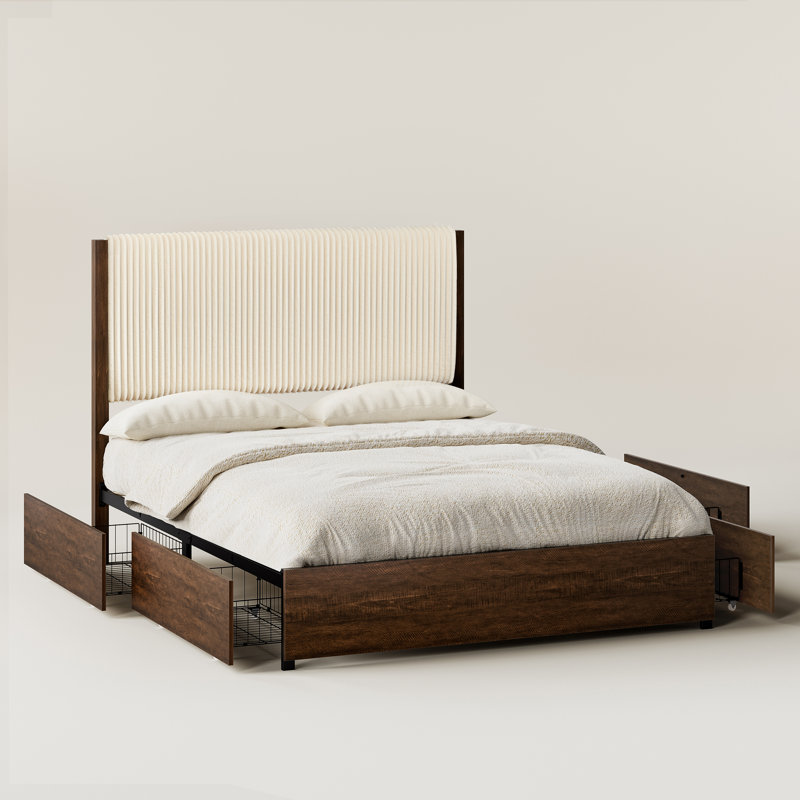 Lit plateforme de rangement Lilie de 130 cm de hauteur, recouvert de velours côtelé, avec 4 tiroirs, Full
