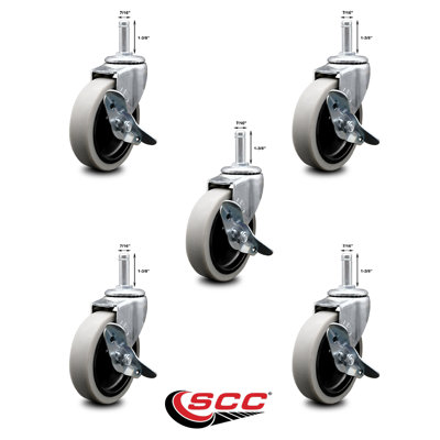4 Inch Thermoplastic Wheel 1-3/8 Inch Grip Ring Stem Caster with Brakes Set of 5