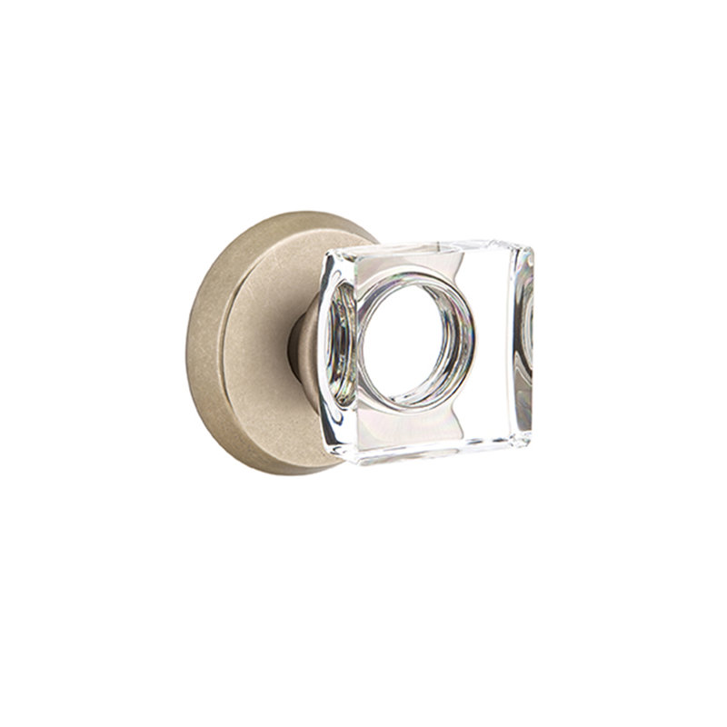 Ensemble de faux boutons Emtek avec rosette n ° 2 et bouton carré en verre moderne, Cascade bronze blanc