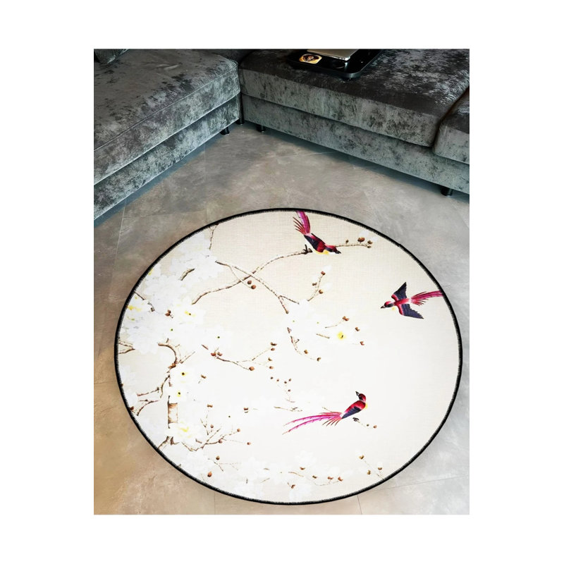 White Pink Floral Birds Area Rug, Round 2'8"