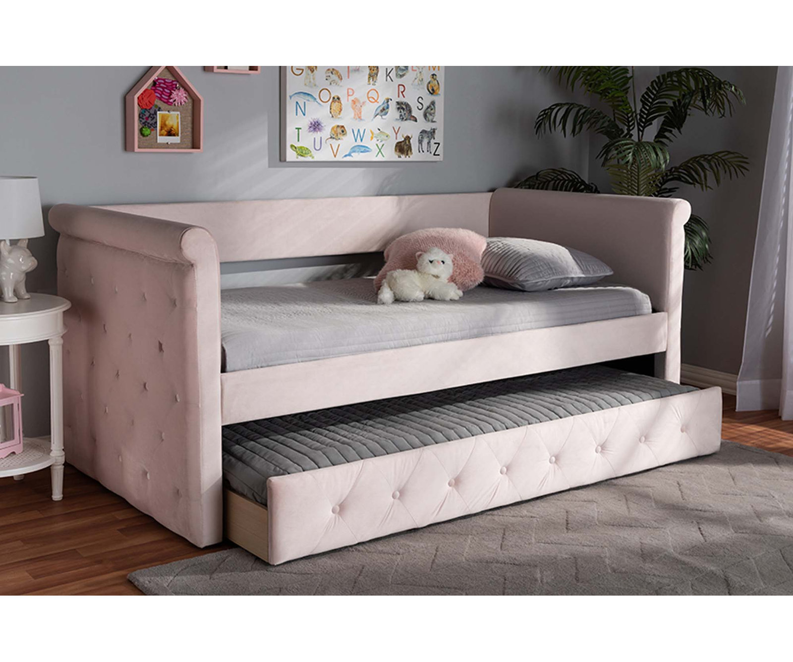 Samitha Upholstered Daybed with Trundle, Full, Light Pink Velvet