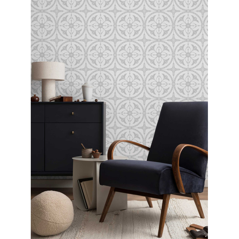 Round Moroccan Tile Peel And Stick Vinyl Wallpaper, Grey